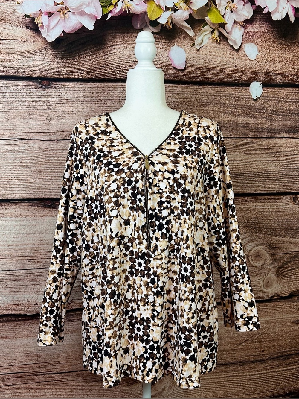 Rafaella Women’s Cotton Brown Boho Floral Abstract Blouse Plus 3X